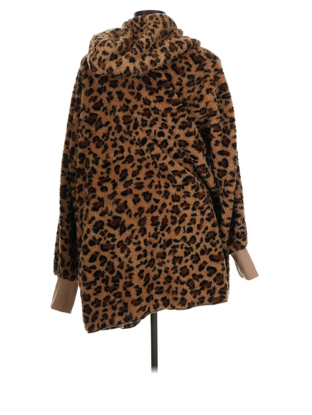 Leopard Print Teddy Jacket - Brown Faux Fur Hooded Coat - Picture 3 of 5